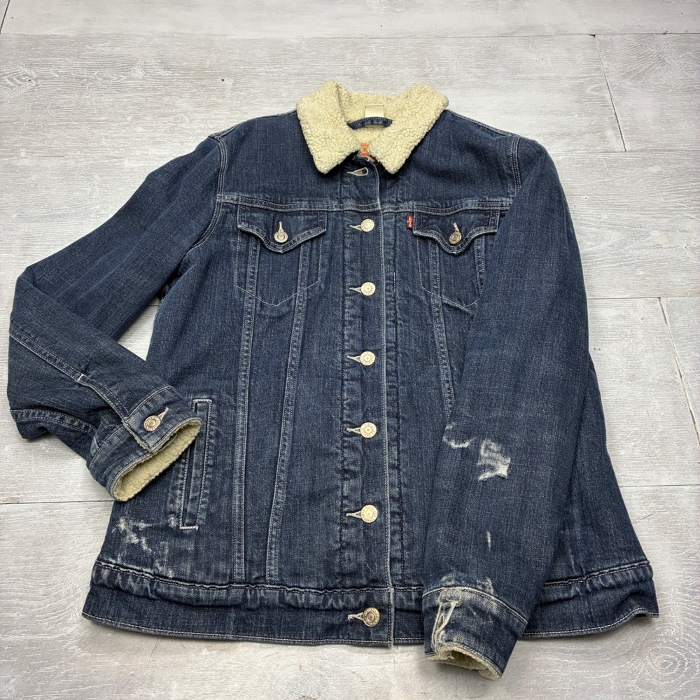 Levis Sherpa Lined Denim Trucker Jacket Large Blue Distressed Fleece Lined